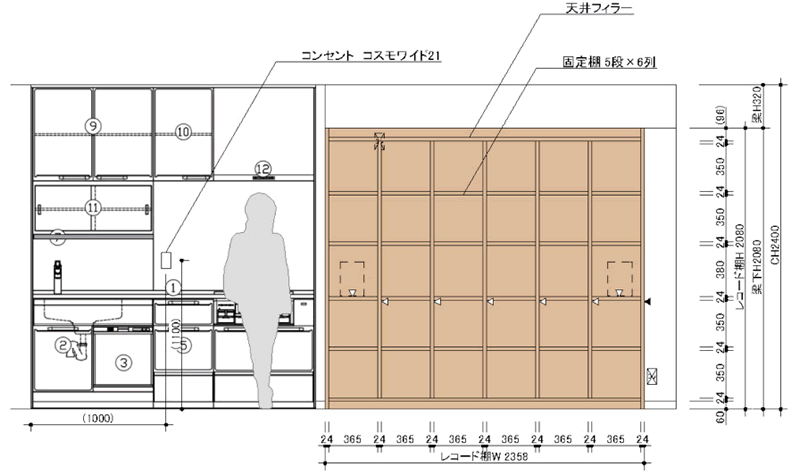 オープンシェルフ設置面の展開図